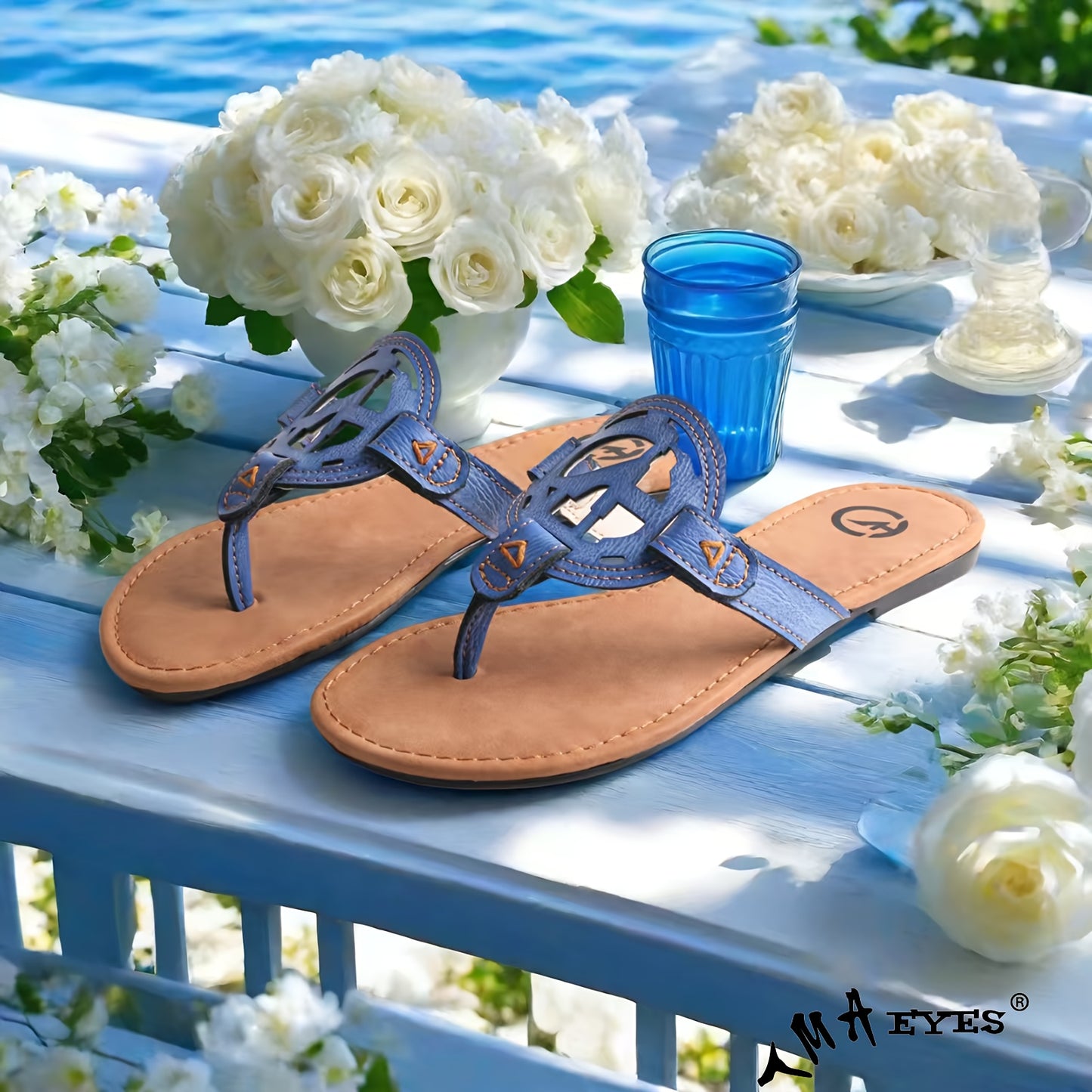 TMA EYES Women'S Summer Handcrafted Anti-Slip Comfortable Casual Hollow Flip-Flops - Genuine Leather Upper & Insole, EVA Sole, Split-Toe Design, Beige with Green Stitching, Ladies Sandals