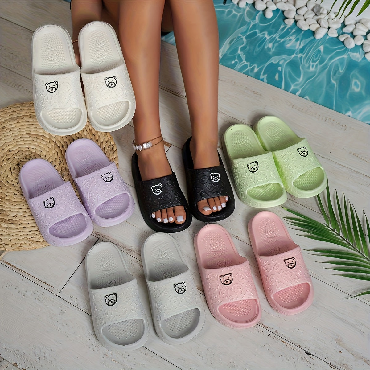 Women'S Cute Bear Design EVA Slide Sandals - Comfortable, Non-Slip, Washable Indoor/Outdoor Slippers in Pink, White, and More, Perfect for All Seasons, Adorable Slippers