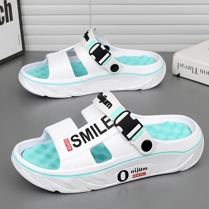 Men's Summer 2025 New Thick Sole EVA Slide Sandals - Slip-Resistant, High Quality, Odor-Resistant, Ergonomic Arch Support & Massage Sole, Open-Toe Design with Bold Letter Print for Beach, Outdoor, Casual Wear, Outdoor Footwear | Stylish Contrast Accents |