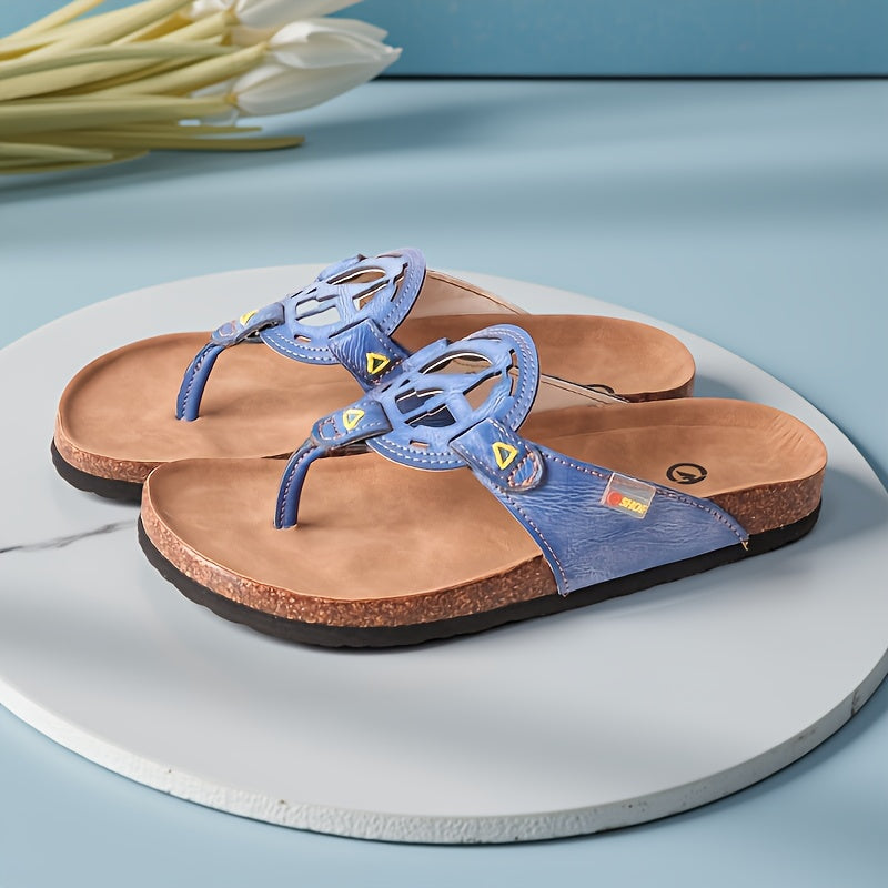TMA EYES Women'S Summer Handcrafted Anti-Slip Comfortable Casual Hollow Flip-Flops - Genuine Leather Upper & Insole, EVA Sole, Split-Toe Design, Beige with Green Stitching, Ladies Sandals