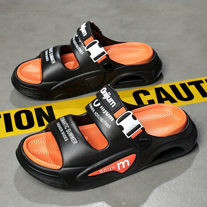 Men'S Lightweight EVA Slide Sandals - Breathable, Non-Slip, Shock-Absorbing Beach & Casual Shoes with Thick Cushioned Sole for Indoor/Outdoor Use, Black & Orange Design, Perfect for Summer, Hiking, and Everyday Comfort, Beach Shoes