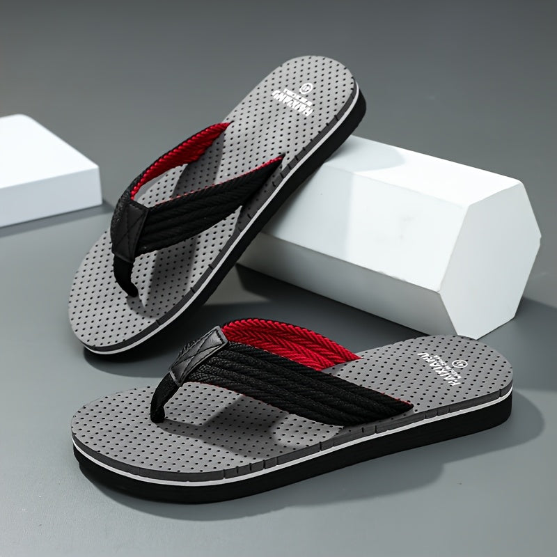 Men'S Casual Flip-Flops - Non-Slip EVA Sole, Durable Fabric Upper, Adjustable Strap for Outdoor Beach & Summer Wear - Black with Red Accents, Summer Footwear | Adjustable Strap Sandals | EVA Sole Sandals