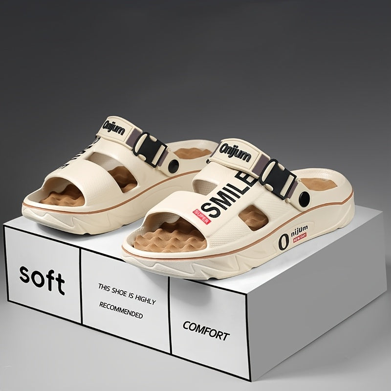 Men's Summer 2025 New Thick Sole EVA Slide Sandals - Slip-Resistant, High Quality, Odor-Resistant, Ergonomic Arch Support & Massage Sole, Open-Toe Design with Bold Letter Print for Beach, Outdoor, Casual Wear, Outdoor Footwear | Stylish Contrast Accents |