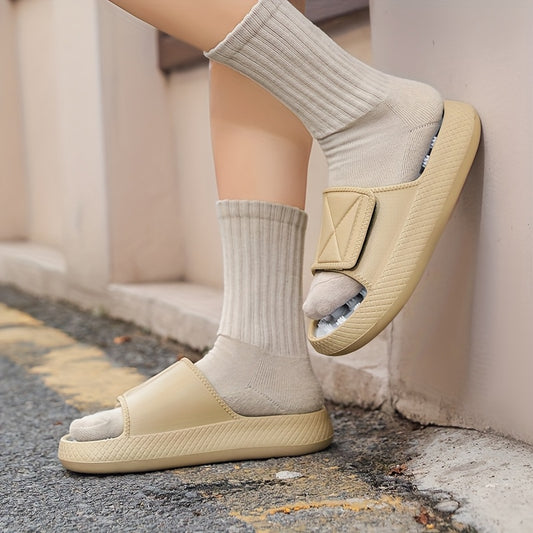 Men's Summer Massage Slides - Non-Slip Thick Sole Comfort Beach Sandals, Casual EVA Upper & PVC Insole, Beige/White with Black Accents, Perfect for Indoor & Outdoor Relaxation, Everyday Slippers | Textured Strap Design | EVA Construction, Summer Sandals