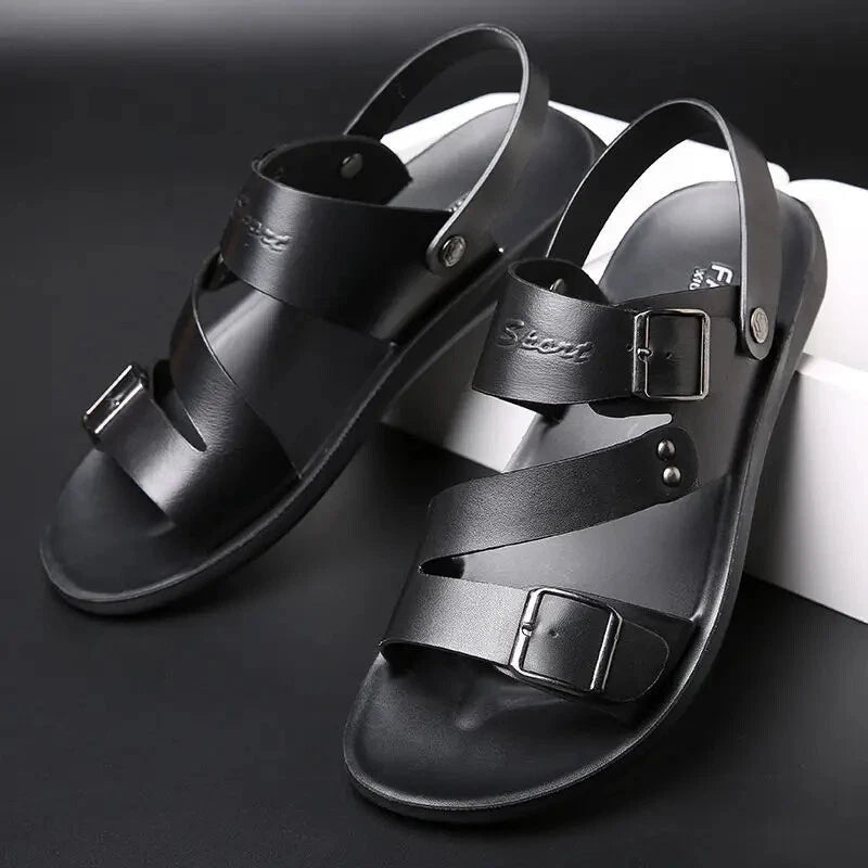Brand Men's Sandals Solid Color Open Toe Mens Leather Sandals 2025 New Slippers