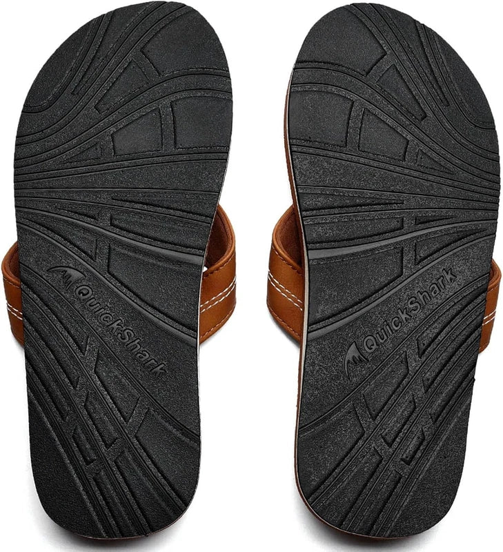 Quickshark Mens Flip Flops Leather Thong Sandals Arch Support Beach Used Size 9