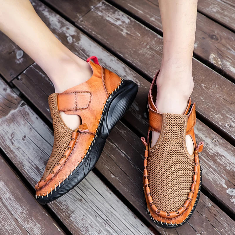 Summer Sandals Leather Men Shoes Mesh Casual Beach Climbing Water Slipper