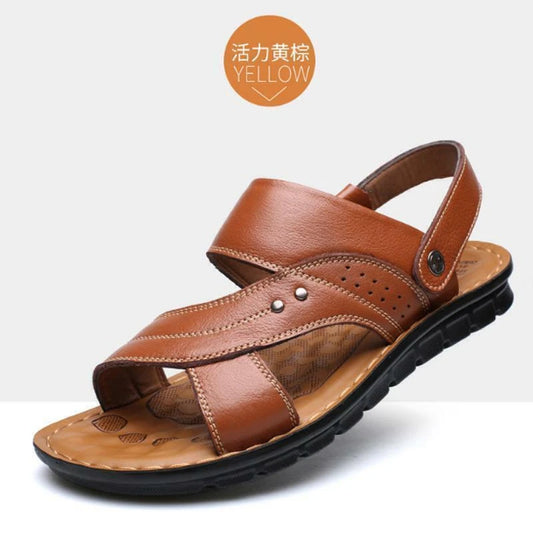 Yellow Men Genuine Leather Sandals Summer Casual Sports Beach Shoes Slippers