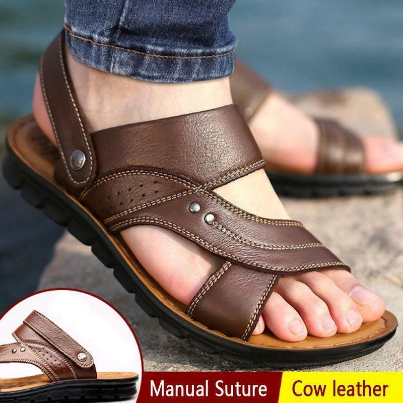 Yellow Men Genuine Leather Sandals Summer Casual Sports Beach Shoes Slippers