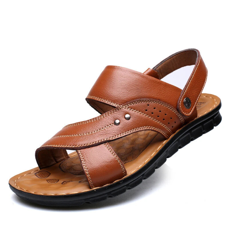 Men Genuine Leather Sandals Summer Casual Sports Beach Shoes Soft Home Slippers