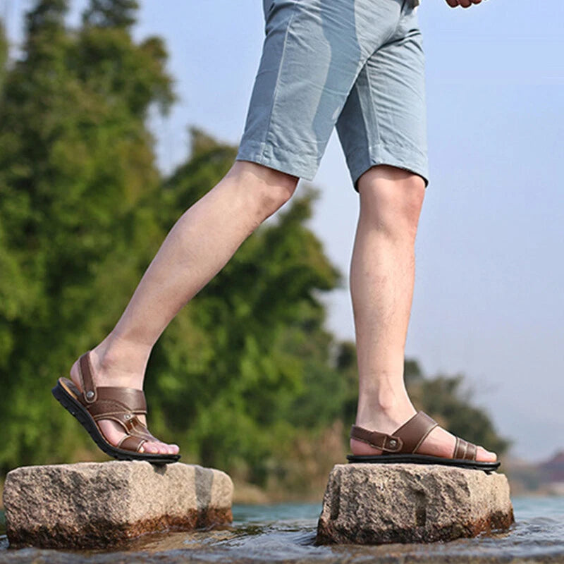 Men Genuine Leather Sandals Summer Casual Sports Beach Shoes Soft Home Slippers