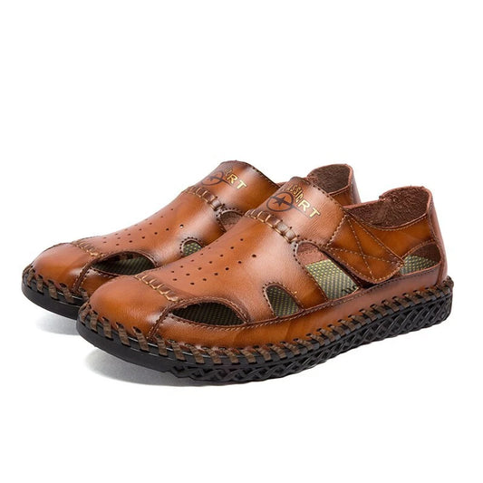 Summer Men Genuine Leather Sandals Beach Slip-on Breathable Soft Slipper