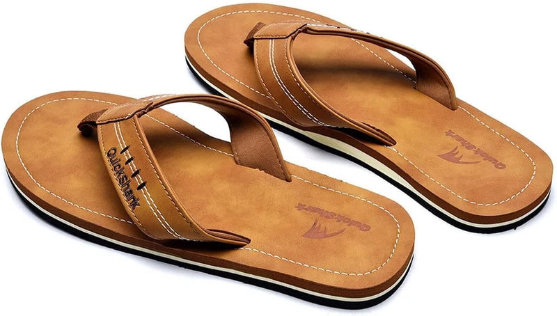 Quickshark Mens Flip Flops Leather Thong Sandals Arch Support Beach Used Size 9