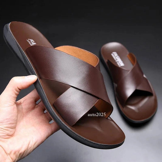 Mens Faux Leather Flats Slip On Summer Casual Slippers Casual Beach Slides Shoes