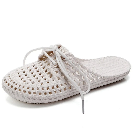 New Hollow Women's Slippers Closed Toe Lace-Up Flat Beach Shoes Casual Sandals