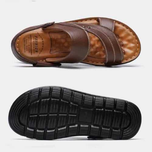Yellow Men Genuine Leather Sandals Summer Casual Sports Beach Shoes Slippers