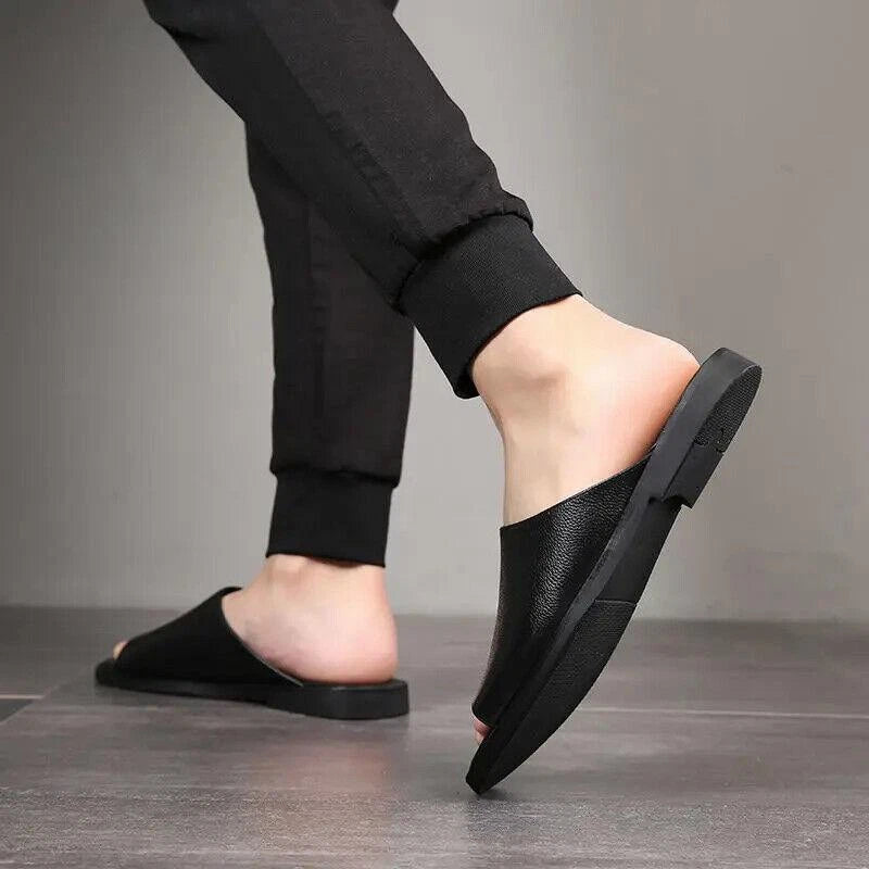 Men Slippers Leather Flats Summer Beach Soft Business Men Solid Outdoor Sandals