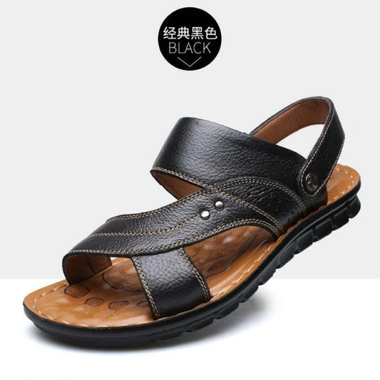 Black Men Genuine Leather Sandals Summer Casual Sports Beach Shoes Soft Slippers
