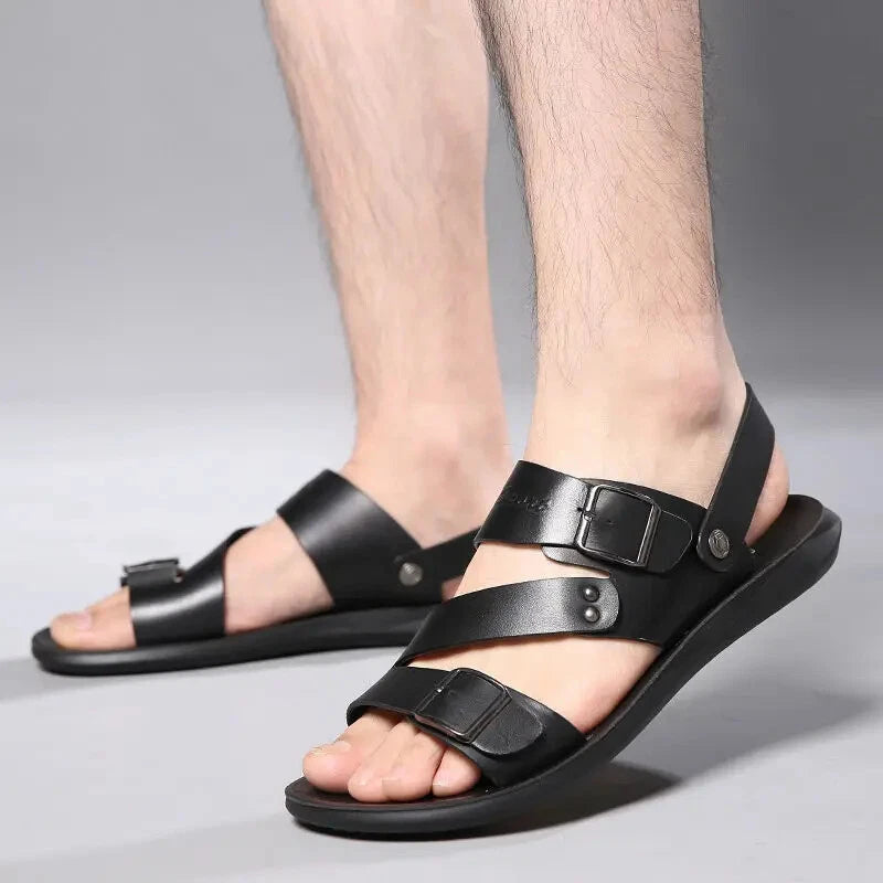 Brand Men's Sandals Solid Color Open Toe Mens Leather Sandals 2025 New Slippers