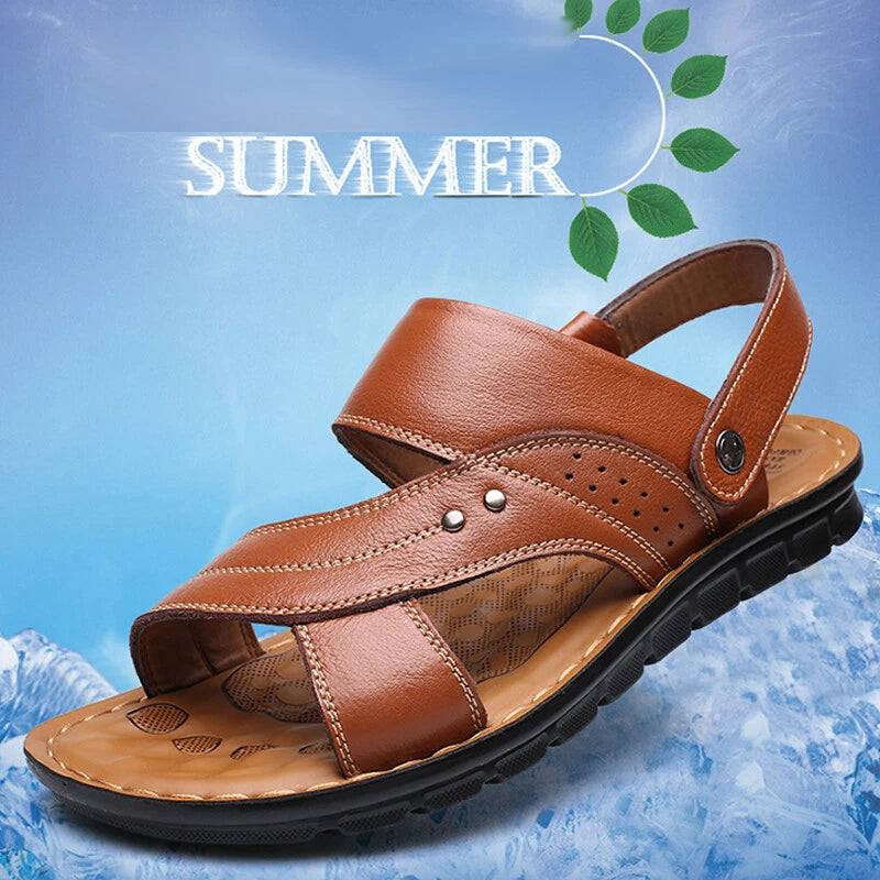 Men Genuine Leather Sandals Summer Casual Sports Beach Shoes Soft Home Slippers