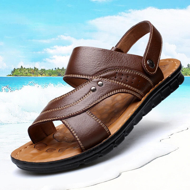 Men Genuine Leather Sandals Summer Casual Sports Beach Shoes Soft Home Slippers