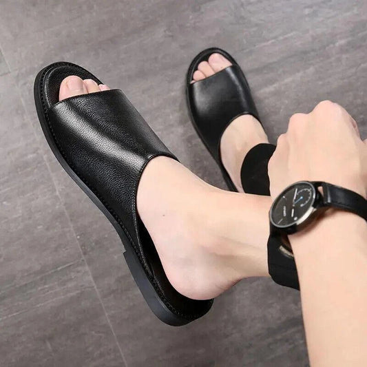 Men Slippers Leather Flats Summer Beach Soft Business Men Solid Outdoor Sandals