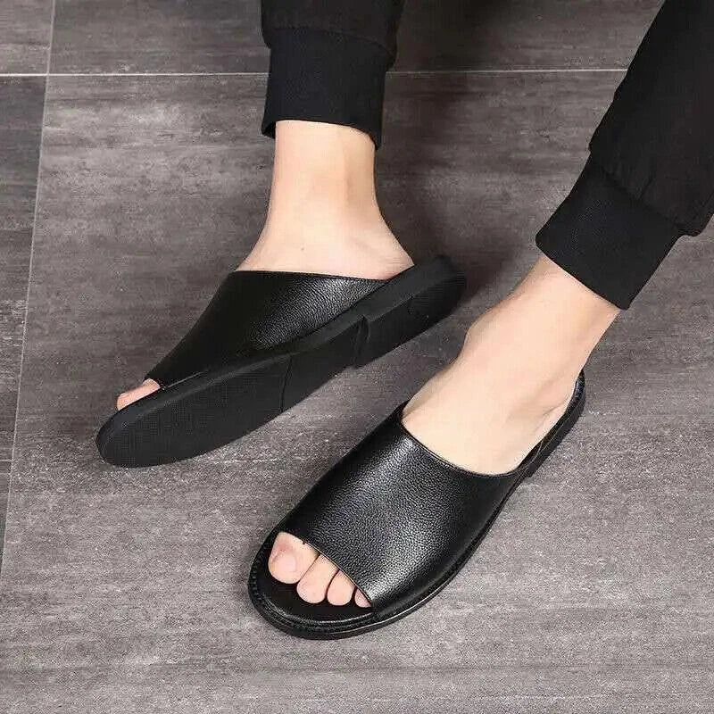 Men Slippers Leather Flats Summer Beach Soft Business Men Solid Outdoor Sandals