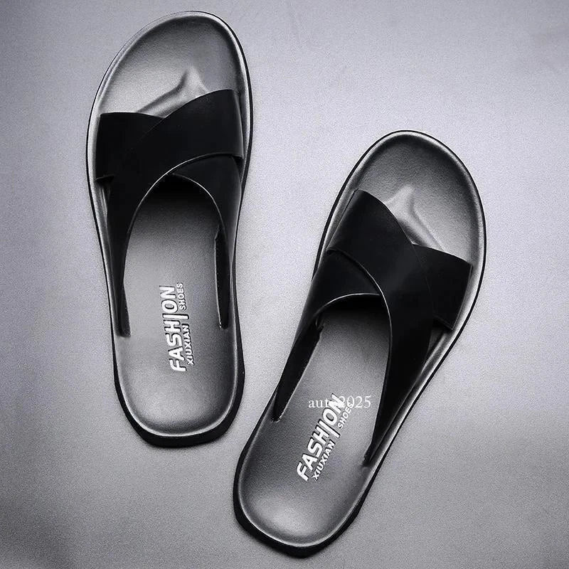 Mens Faux Leather Flats Slip On Summer Casual Slippers Casual Beach Slides Shoes