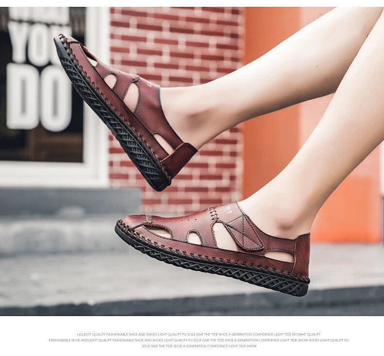 Summer Men Genuine Leather Sandals Beach Slip-on Breathable Soft Slipper