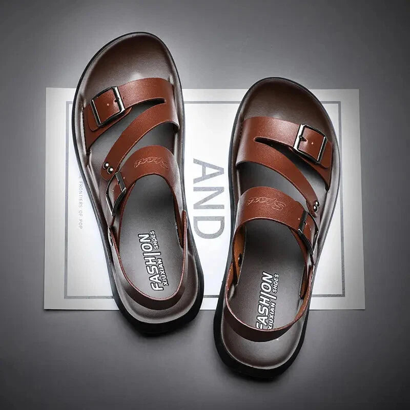 Brand Men's Sandals Solid Color Open Toe Mens Leather Sandals 2025 New Slippers