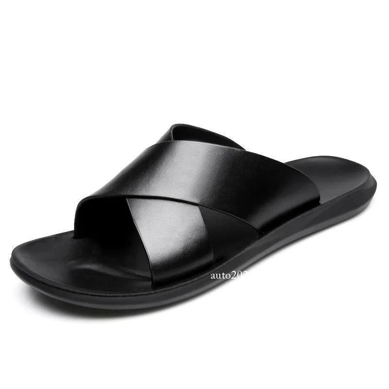 Mens Faux Leather Flats Slip On Summer Casual Slippers Casual Beach Slides Shoes