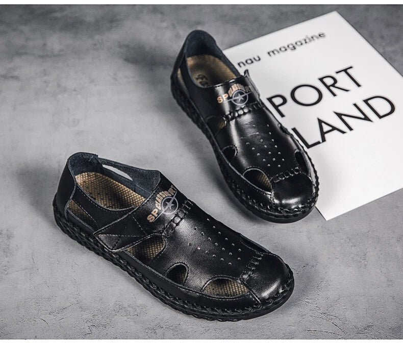 Summer Men Genuine Leather Sandals Beach Slip-on Breathable Soft Slipper