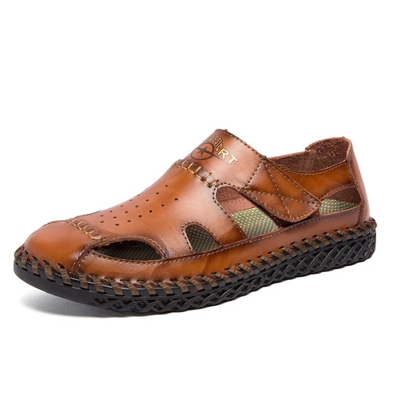 Summer Men Genuine Leather Sandals Beach Slip-on Breathable Soft Slipper