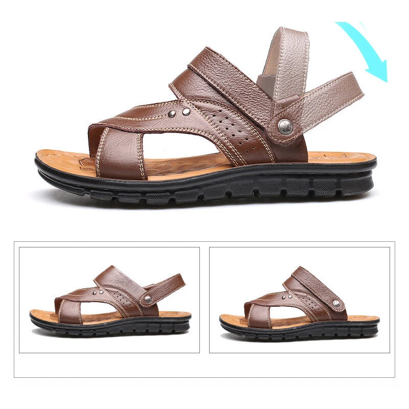 Men Genuine Leather Sandals Summer Casual Sports Beach Shoes Soft Home Slippers