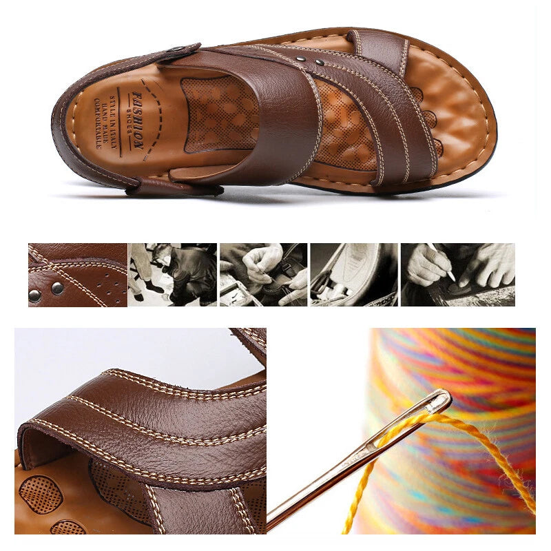 Men Genuine Leather Sandals Summer Casual Sports Beach Shoes Soft Home Slippers