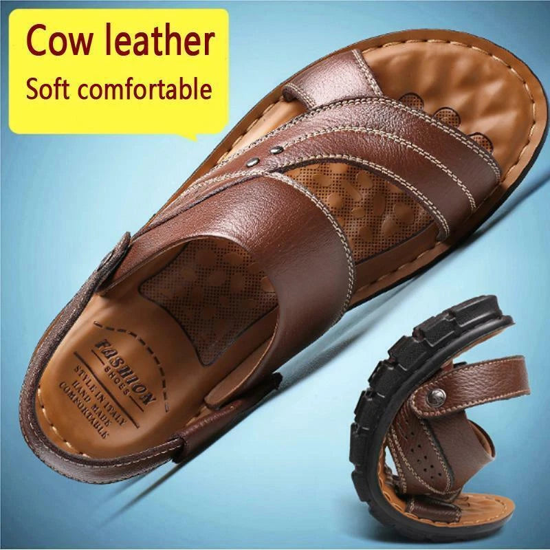 Yellow Men Genuine Leather Sandals Summer Casual Sports Beach Shoes Slippers