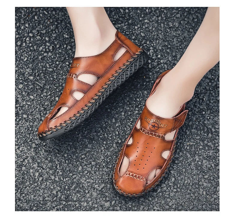Summer Men Genuine Leather Sandals Beach Slip-on Breathable Soft Slipper