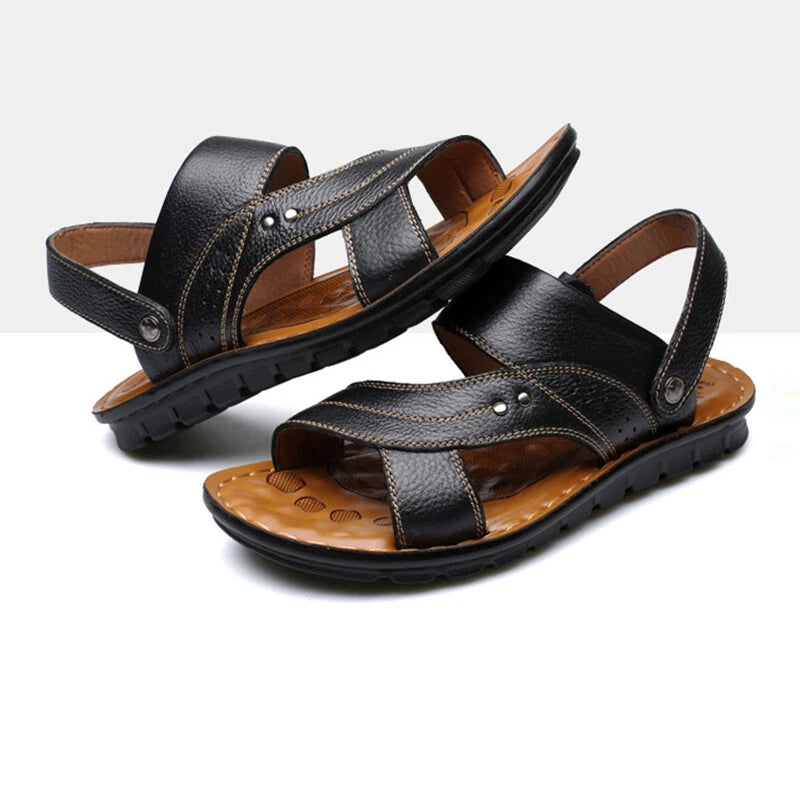 Men Genuine Leather Sandals Summer Casual Sports Beach Shoes Soft Home Slippers