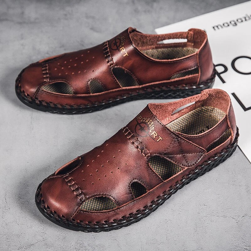 Summer Men Genuine Leather Sandals Beach Slip-on Breathable Soft Slipper