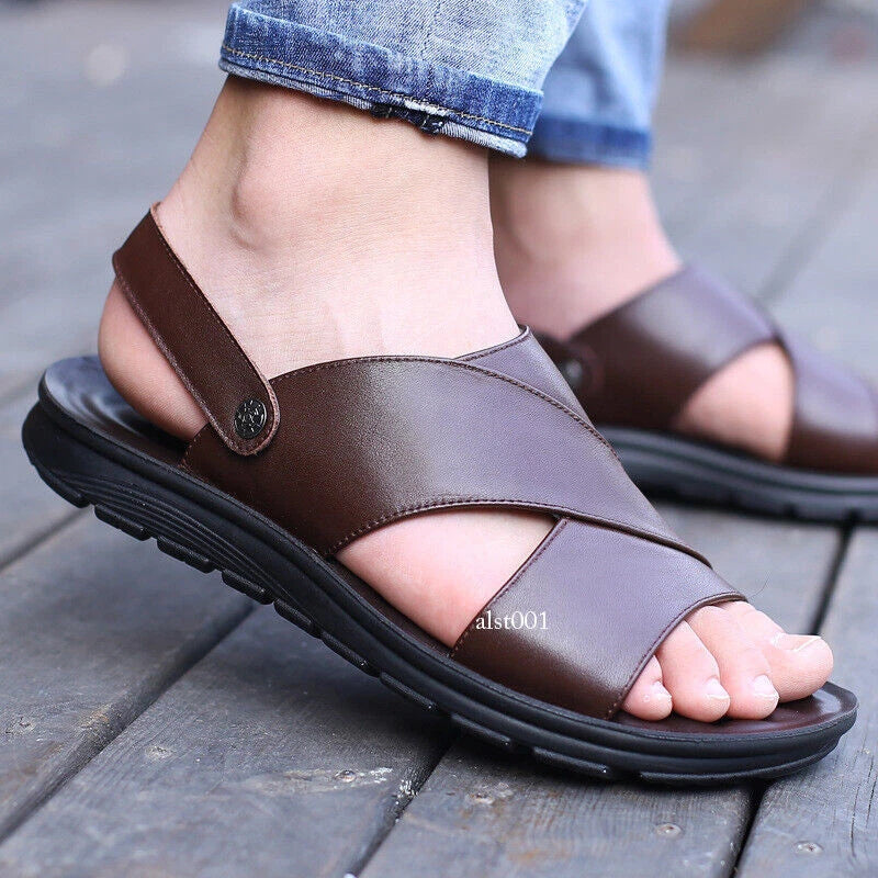 Summer Mens Slippers Slip-On Sandals Casual Pu Leather Shoes New Open Toe Beach