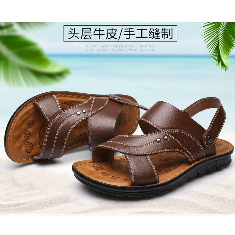 Yellow Men Genuine Leather Sandals Summer Casual Sports Beach Shoes Slippers