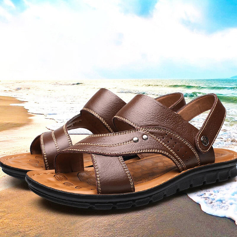 Men Genuine Leather Sandals Summer Casual Sports Beach Shoes Soft Home Slippers