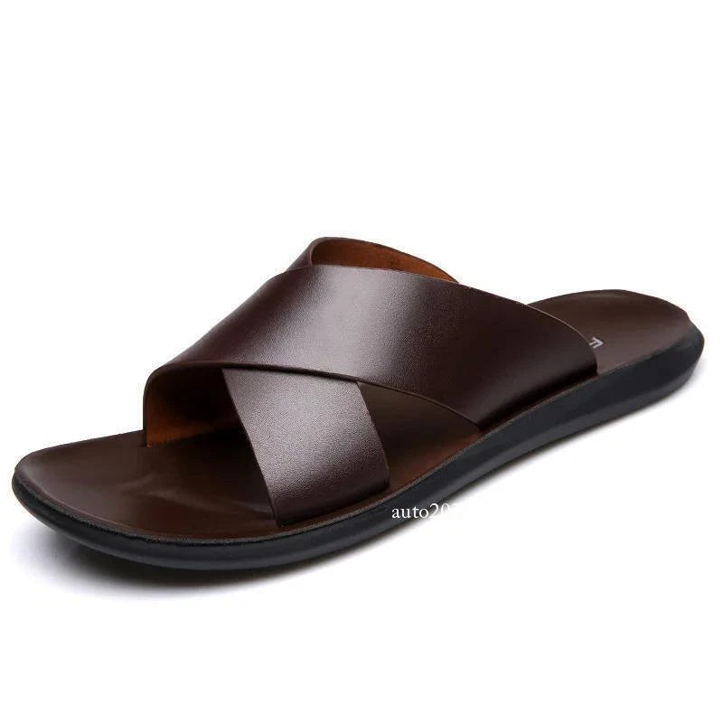 Mens Faux Leather Flats Slip On Summer Casual Slippers Casual Beach Slides Shoes