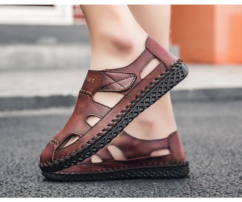 Summer Men Genuine Leather Sandals Beach Slip-on Breathable Soft Slipper