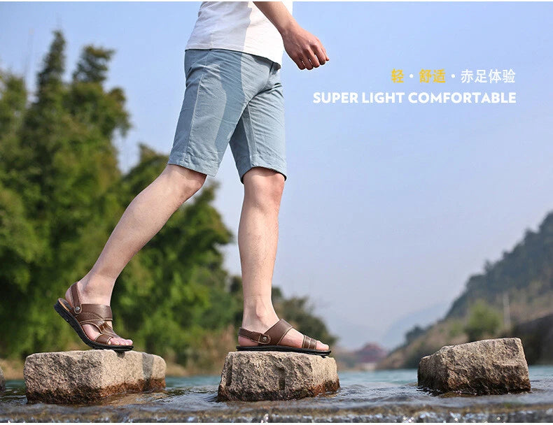 Men Genuine Leather Sandals Summer Casual Sports Beach Shoes Soft Home Slippers